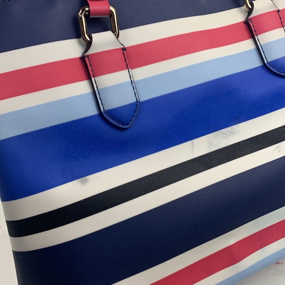 Kate Spade leather Striped Blue Pink satchel crossbody Bag 3 Pockets Designer - Picture 14 of 16